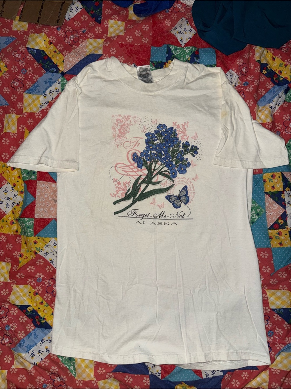 Fruit of the Loom White Tee with Blue Forget-Me-Not Graphic